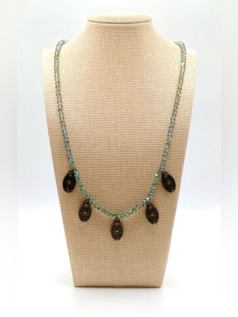 Plunder Design Teal Crystal AB Beaded Flower Charm Long Necklace Brass Boho